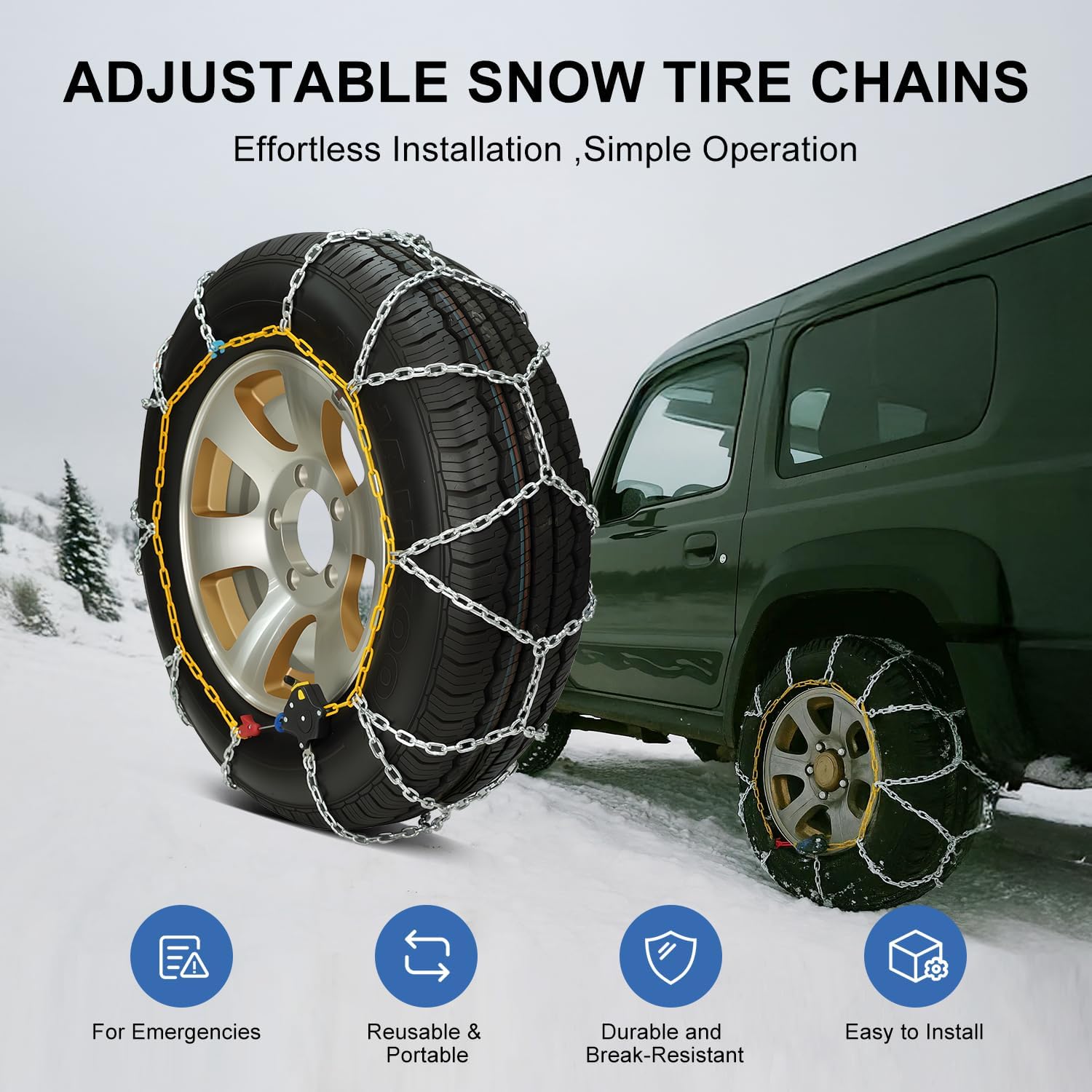 Auto Snow Chains Tire Chains For Cars Suv Pickup Trucks - Tightening 1Min Quick Install Tire-Chains, Reusable Emergency Tire Chains for Snow & Ice Traction (HKN170)
